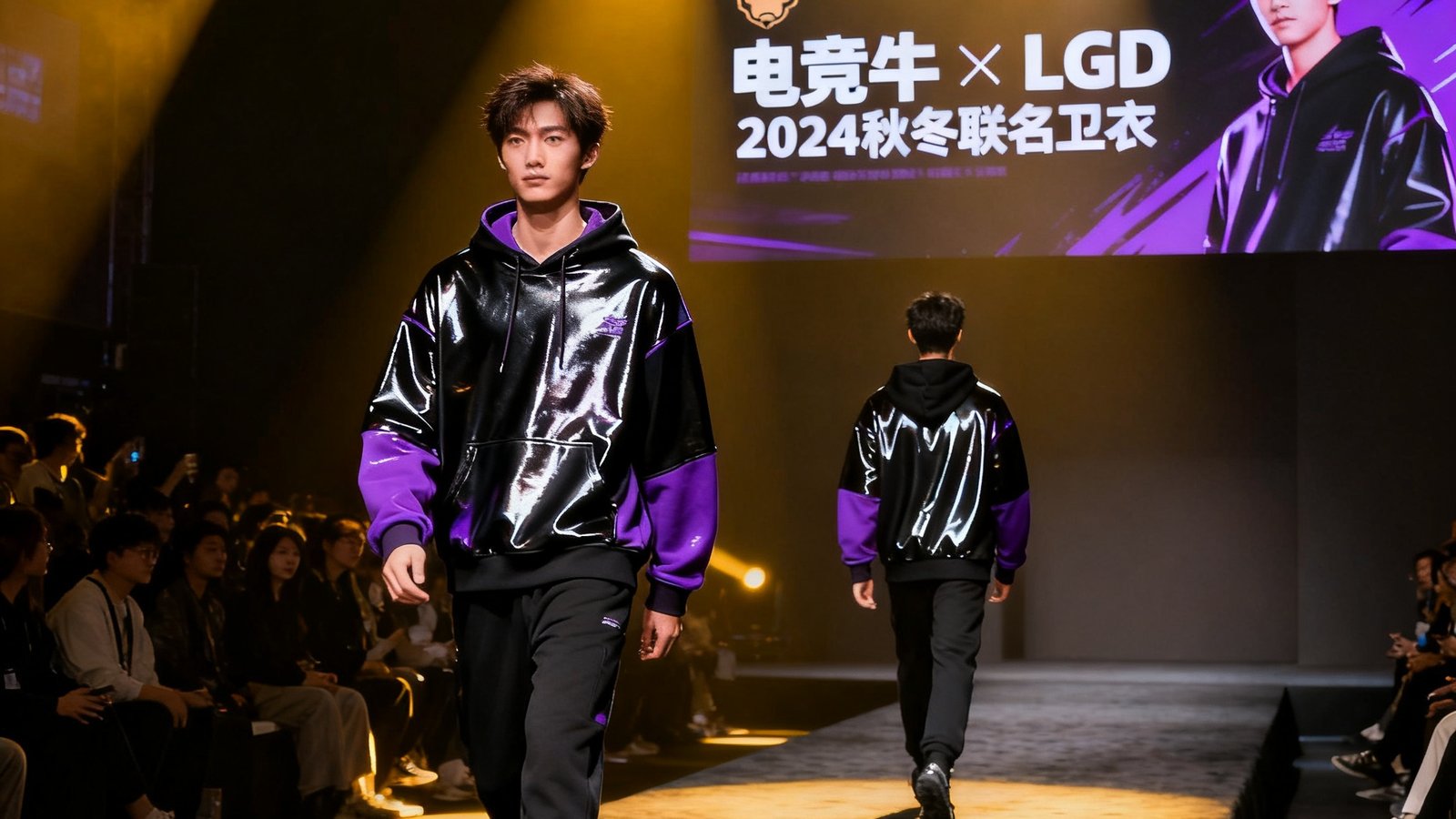 电竞牛与LGD战队2024秋冬联名卫衣系列发布会现场，模特穿着新款黑紫配色卫衣走秀展示