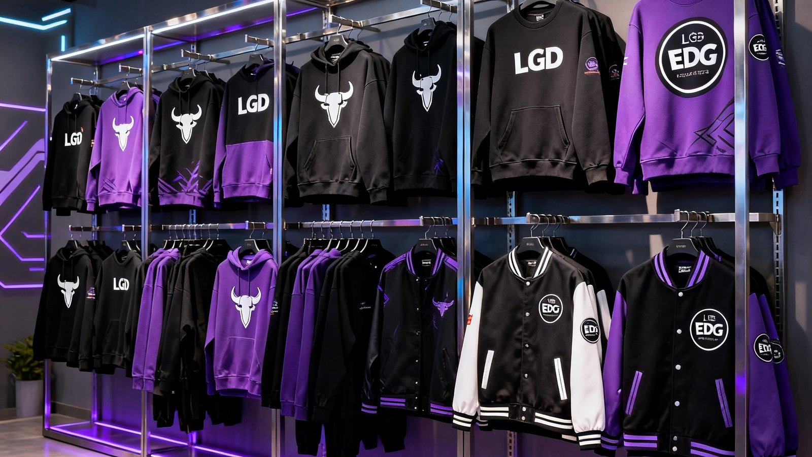 电竞牛战队联名服饰展示架，挂满印有LGD和EDG等顶级战队标志的潮流卫衣、夹克和棒球服，配色以黑紫为主