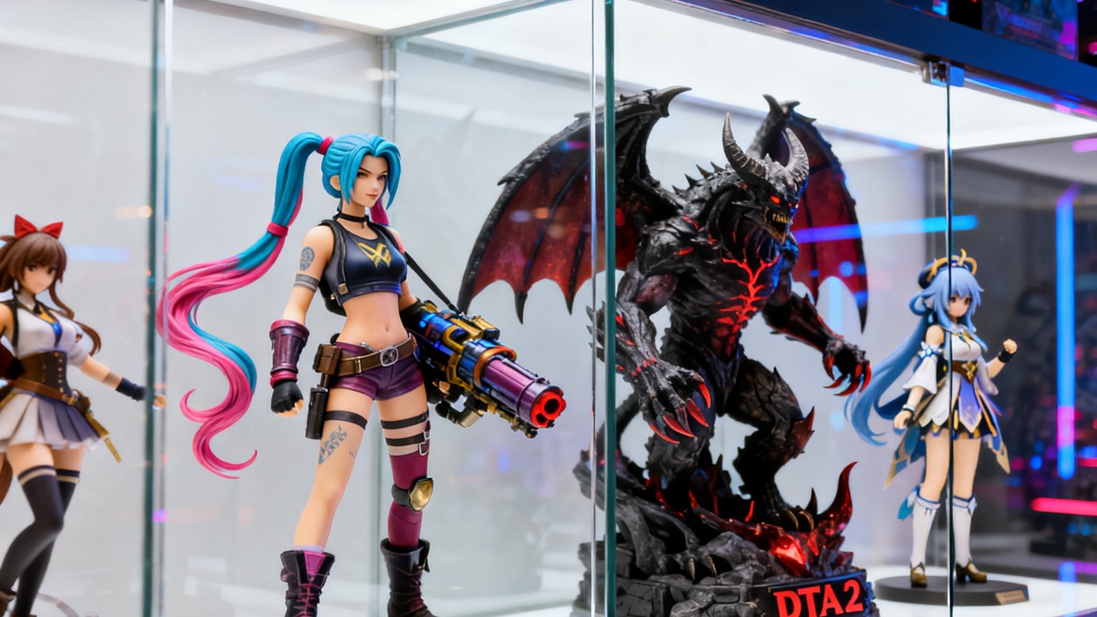 电竞牛精美游戏手办展柜，陈列英雄联盟金克丝手办、DOTA2影魔雕像和原神刻晴PVC手办，细节精致涂装考究