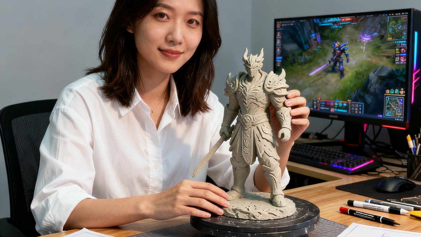 电竞牛联合创始人林曼琪工作照，资深游戏周边设计师，手拿英雄联盟手办灰模原型，工作台散落着设计图纸