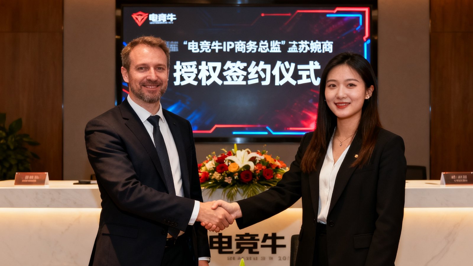 电竞牛IP商务总监苏婉婷在签约仪式上与海外游戏厂商代表握手的商务照，背景为授权签约仪式现场